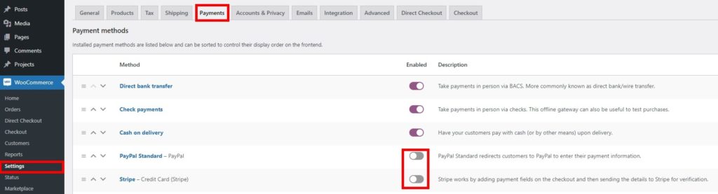 paypal stripe wyłącza metody płatności w woocommerce