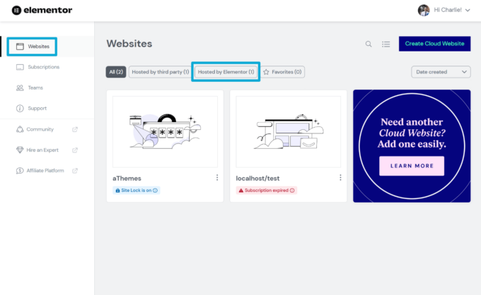 Dashboard del sito Web di Elementor