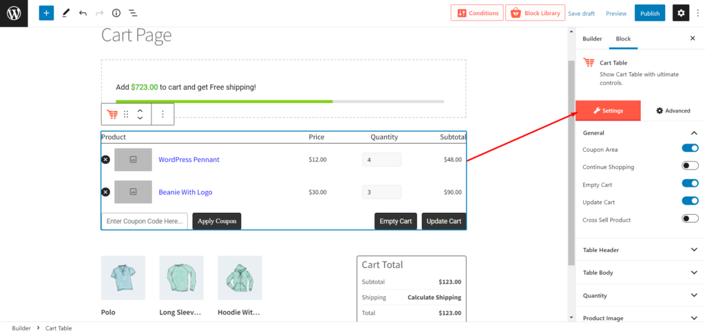 Editing Options of Cart Table