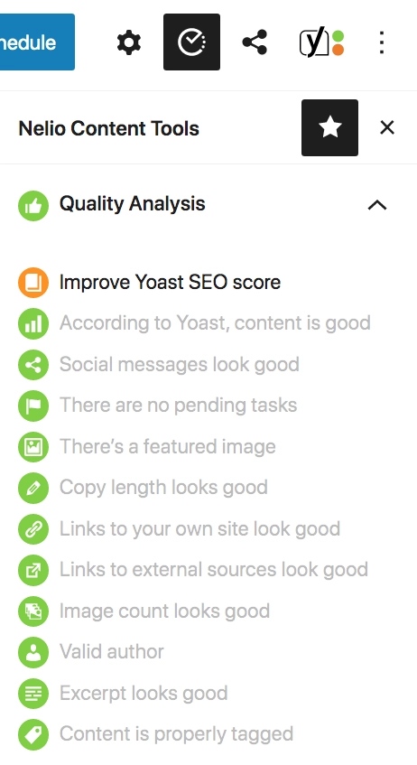 Captură de ecran a analizei calității Nelio Content, unde se poate vedea că Yoast SEO este integrat