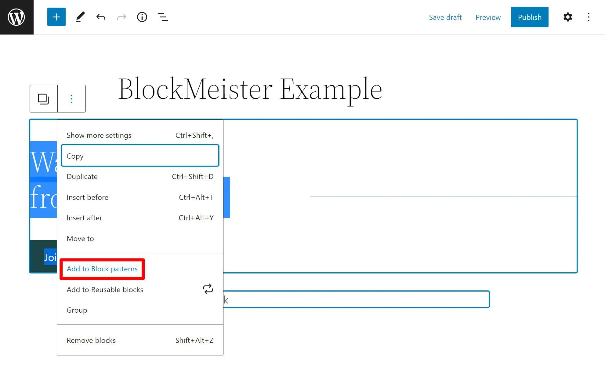 Ejemplo de patrones de bloque de WordPress