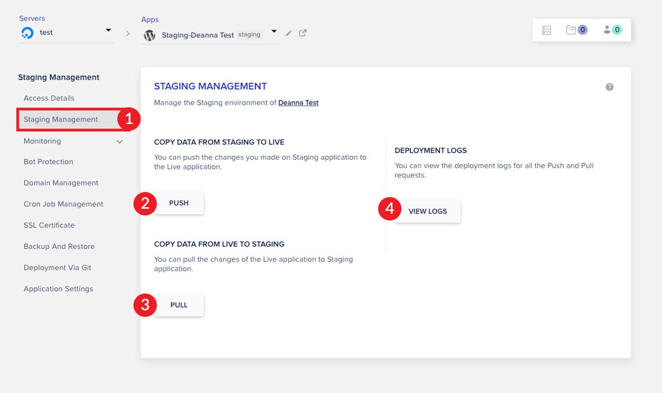 Schermata di gestione della gestione temporanea di Cloudways