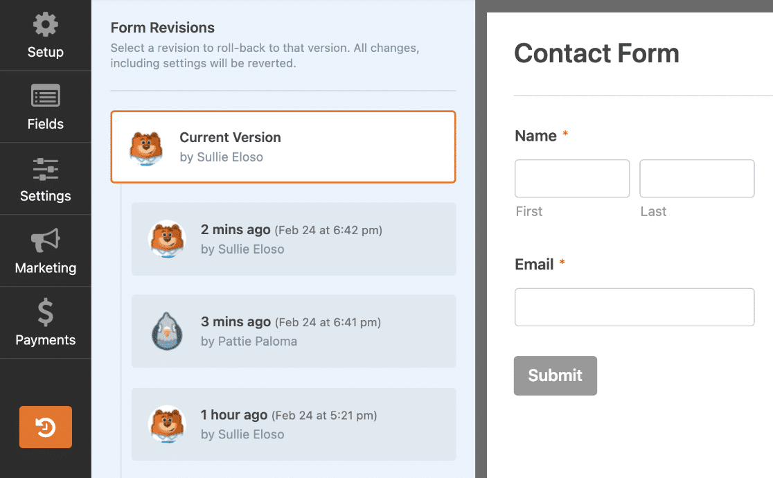 Form revisions panel