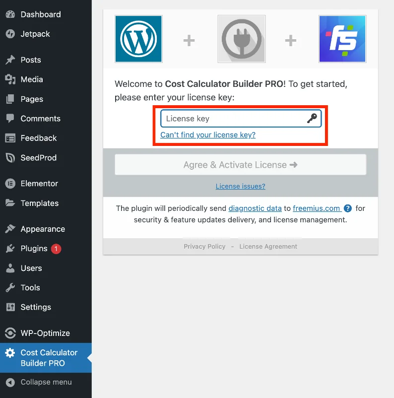 WordPress용 비용 계산기 플러그인 라이센스 키가 입력된 위치를 보여주는 스크린샷