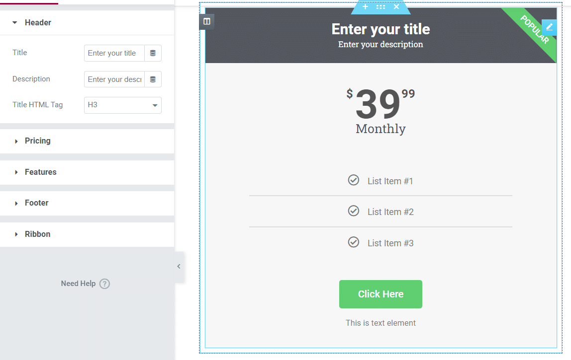 Il widget Tabella dei prezzi di Elementor