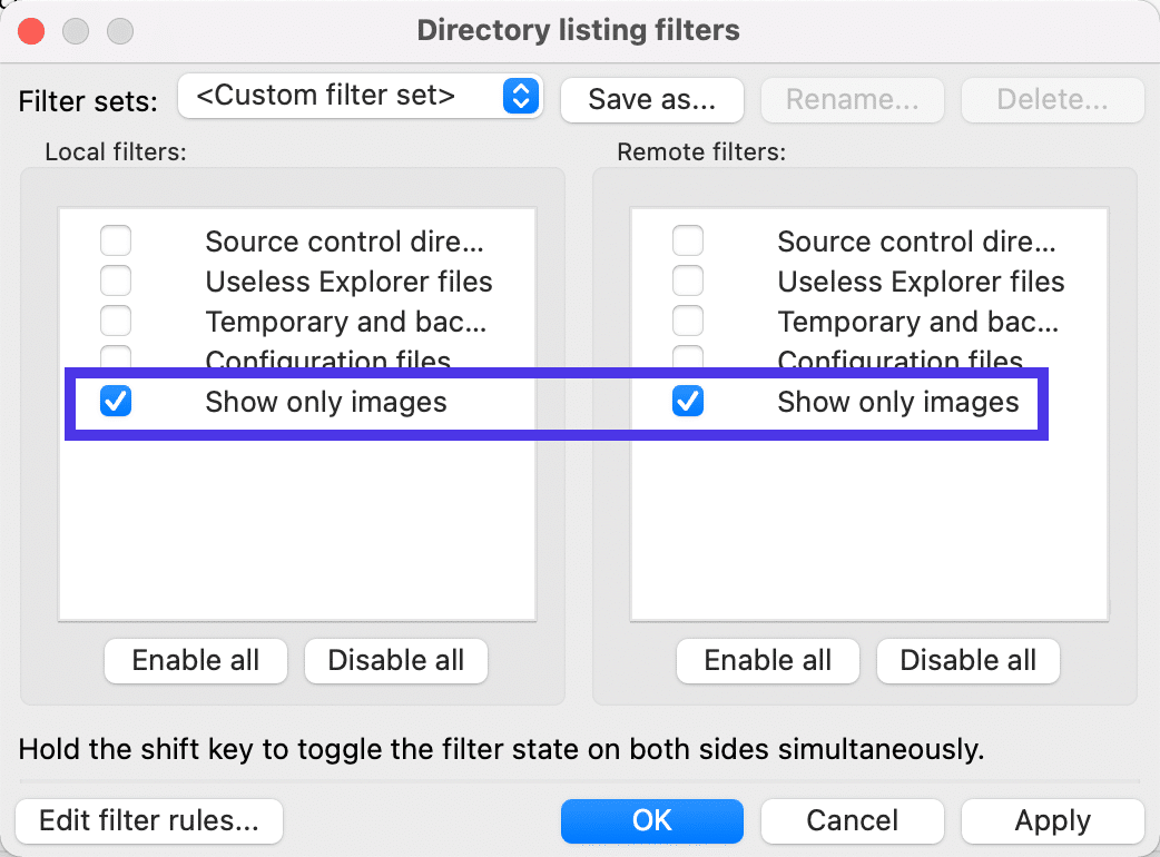 Un filtro es solo para mostrar imágenes en los resultados de FileZilla.