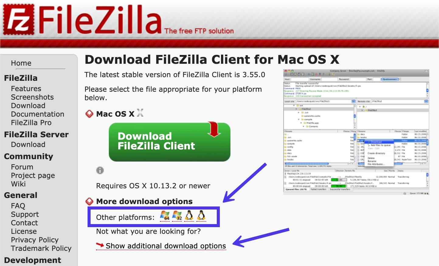 Puede ver las versiones de FileZilla para otras plataformas.