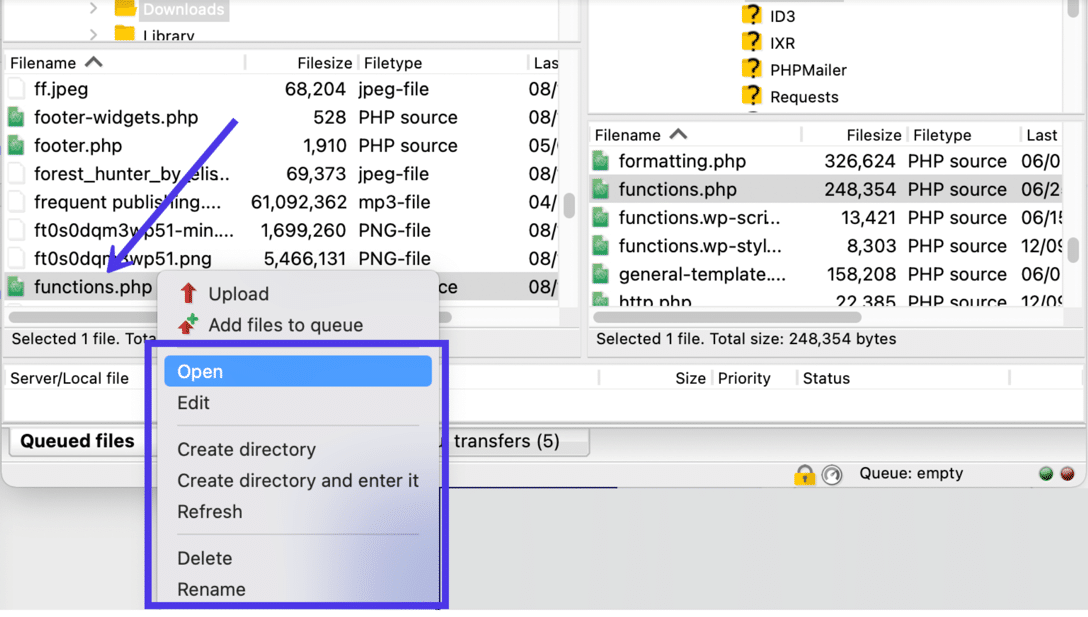 Un clic derecho en un archivo local presenta opciones para cargar.