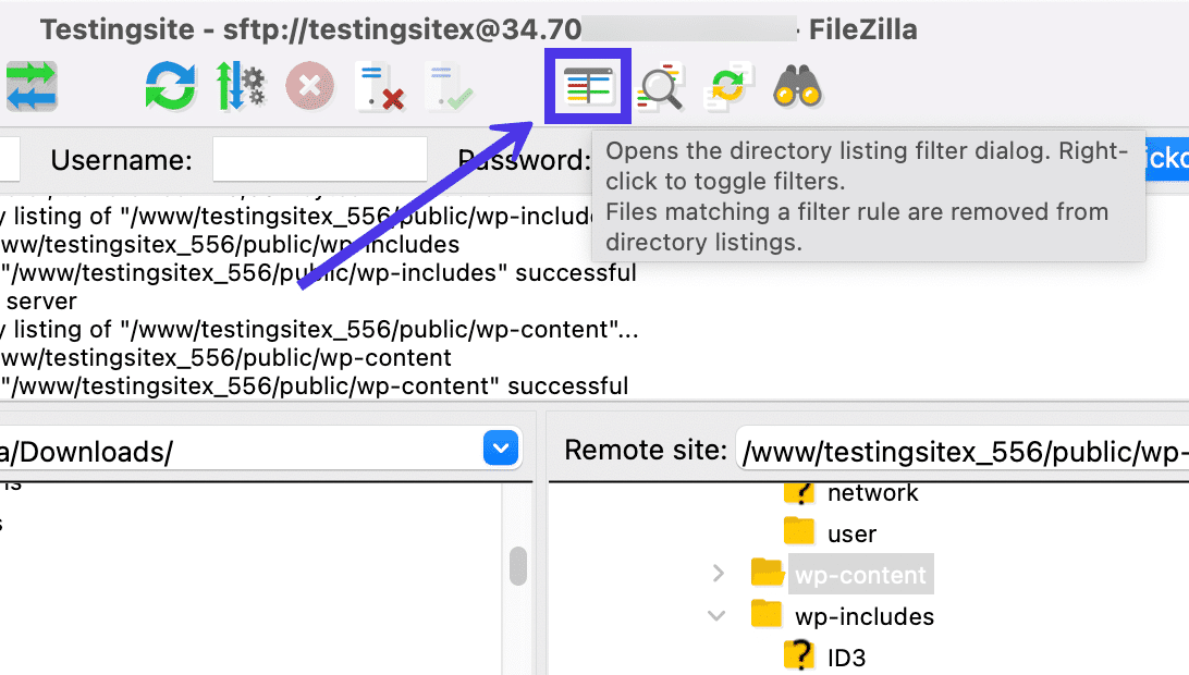 Para filtrar archivos en FileZilla, haga clic en el botón Diálogo de listado de directorios.