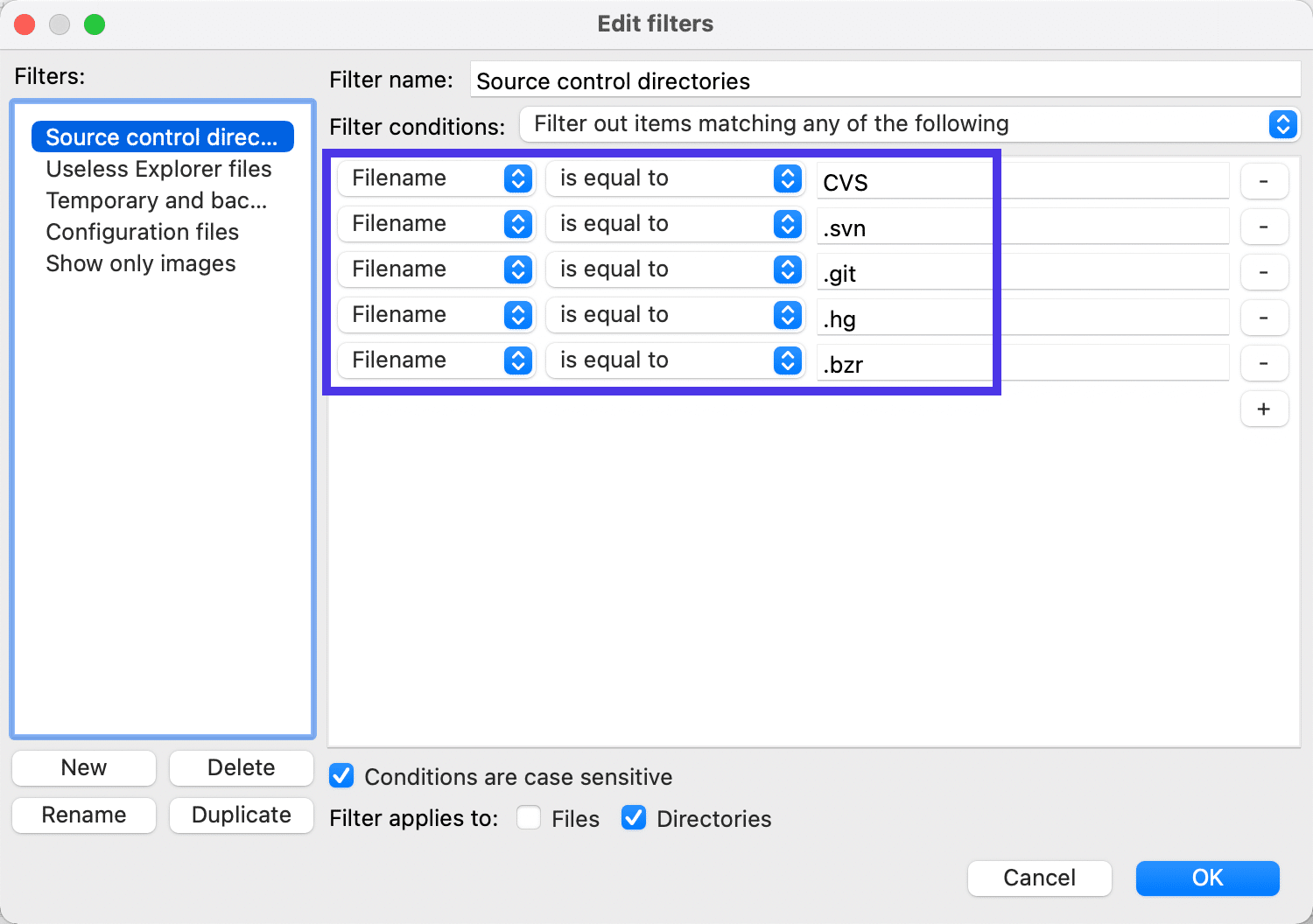 Puede restringir los filtros mostrando solo extensiones de archivo específicas.
