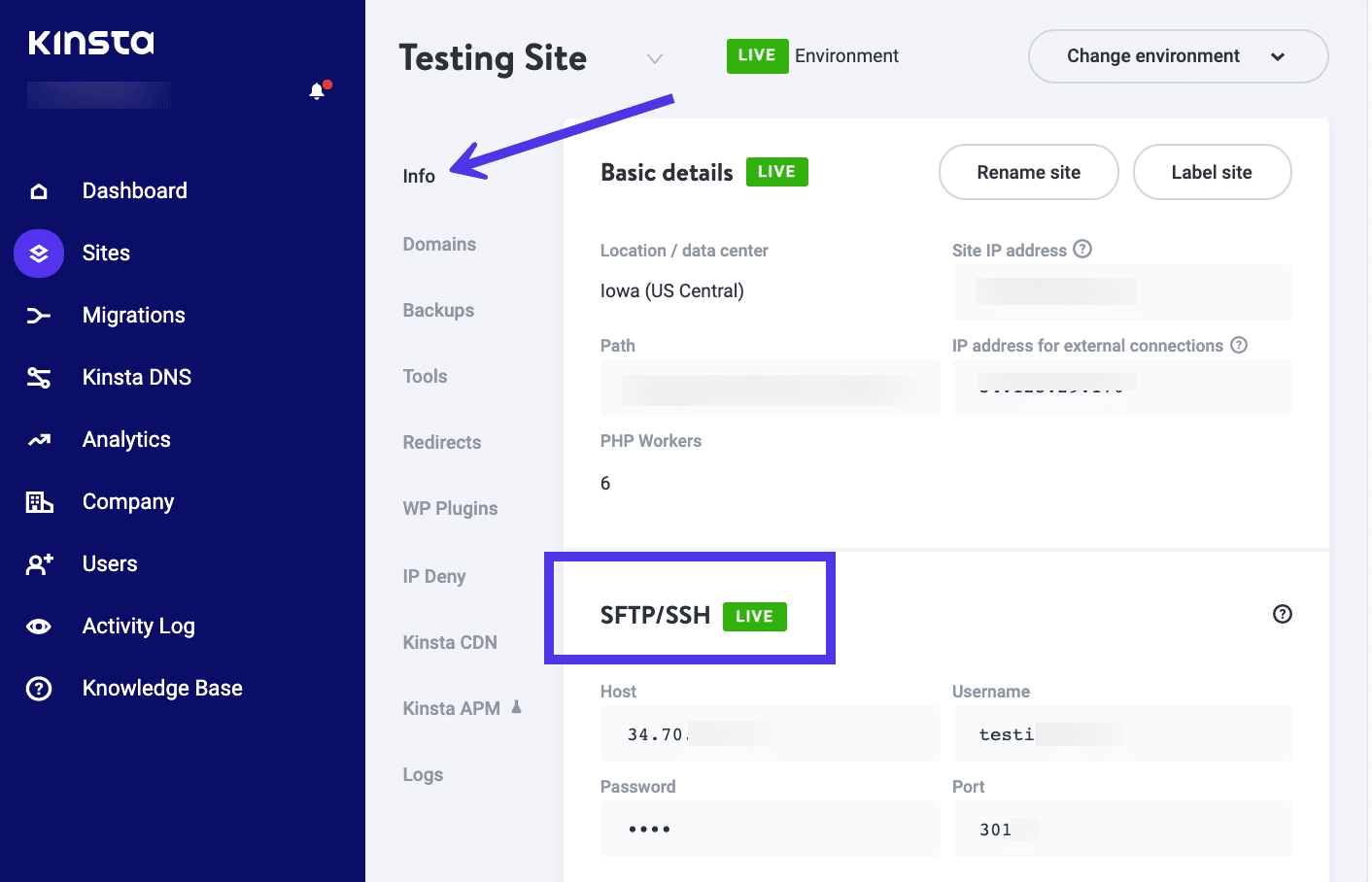 Vaya a Información > SFTP/SSH en MyKinsta.