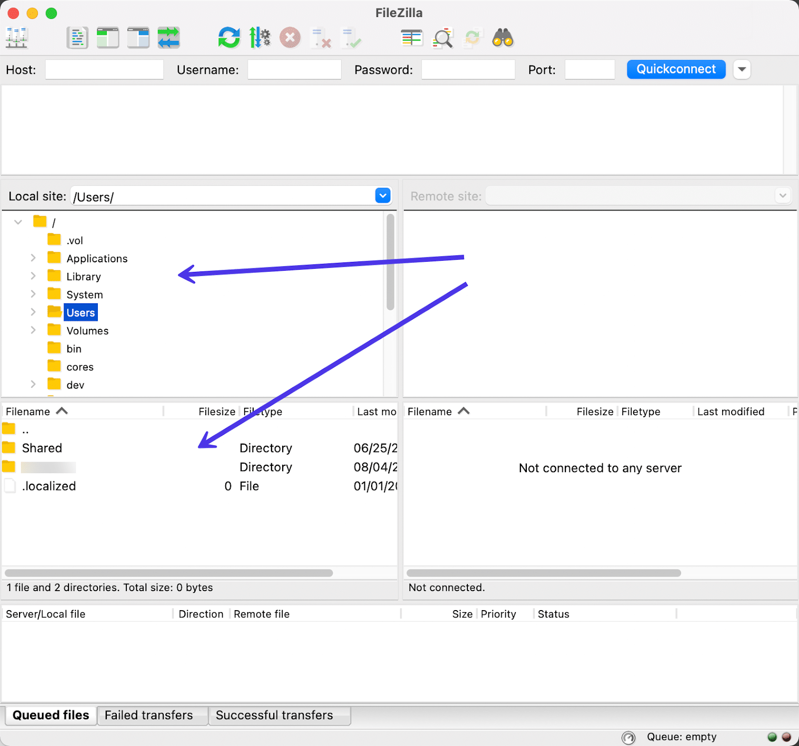 La vista de sus archivos locales en FileZilla.