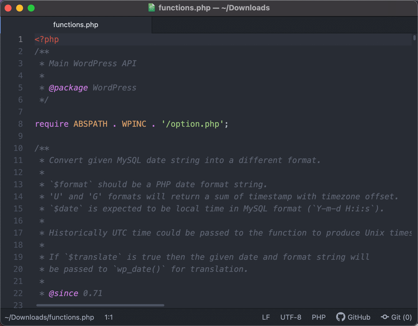 Visualización del archivo functions.php en Atom.