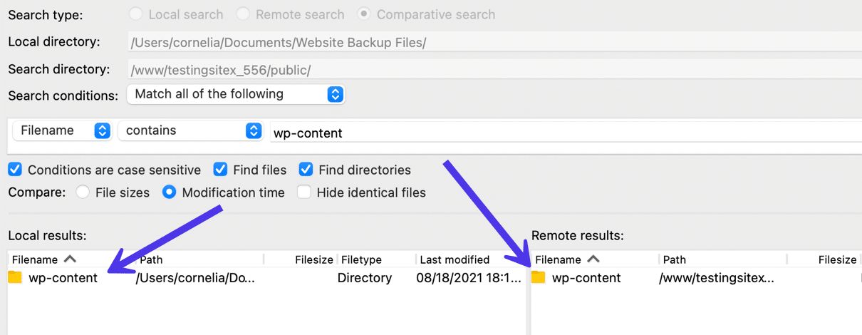 Vemos que el archivo /wp-content está disponible tanto en el entorno local como en el remoto.