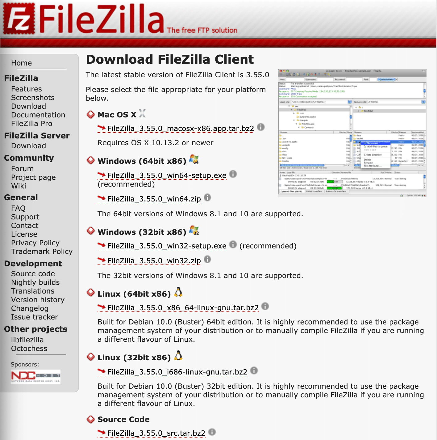 Una página con todas las versiones de FileZilla y sus enlaces de descarga.