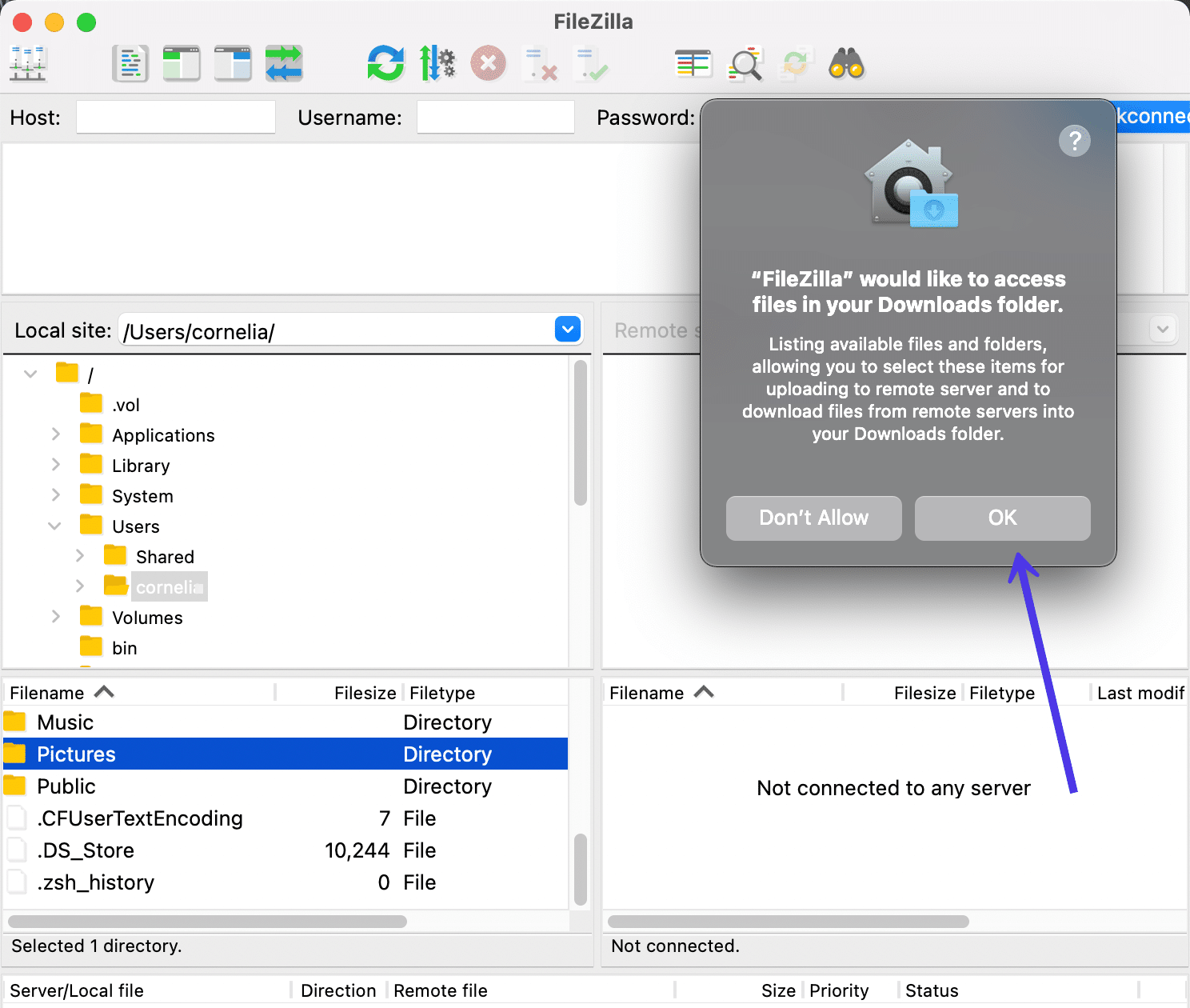 Permita el acceso a FileZilla para usar sus carpetas locales.
