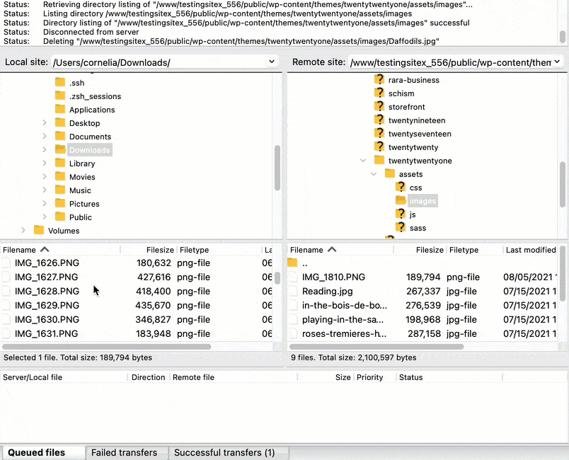 Arrastrar un archivo local al sitio remoto activa una carga instantánea.