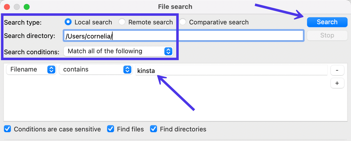 Busque FileZilla escribiendo una palabra clave para un nombre de archivo.