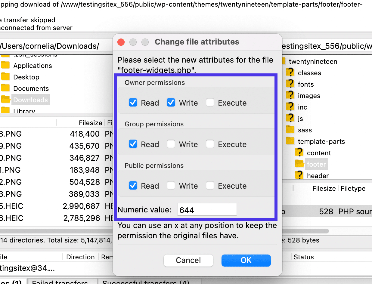 Puede cambiar los permisos de archivo directamente en FileZilla.