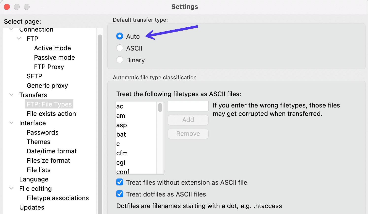 Puede cambiar el tipo de transferencia o configurarlo como Automático en la ventana Configuración de FileZilla.