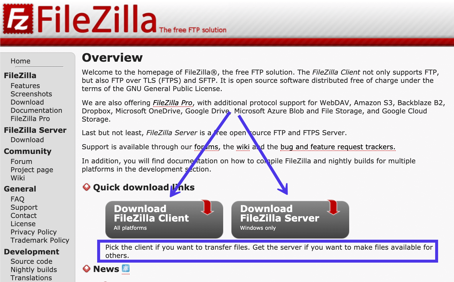 El sitio web de FileZilla tenía dos opciones de descarga para FileZilla Client y FileZilla Server.