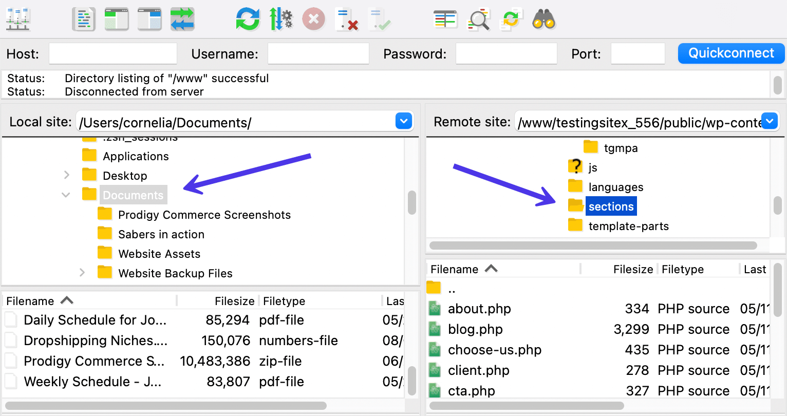 Un ejemplo de un usuario que se encuentra en otra parte de FileZilla.