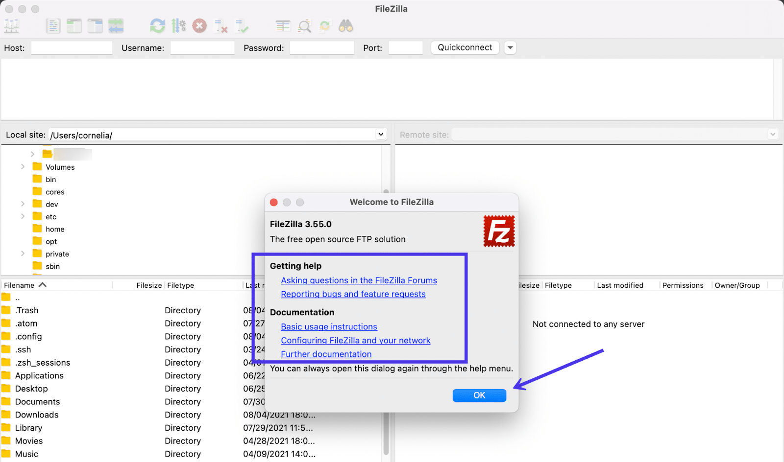 Consulte los documentos de soporte de FileZilla o continúe con el programa haciendo clic en Aceptar.