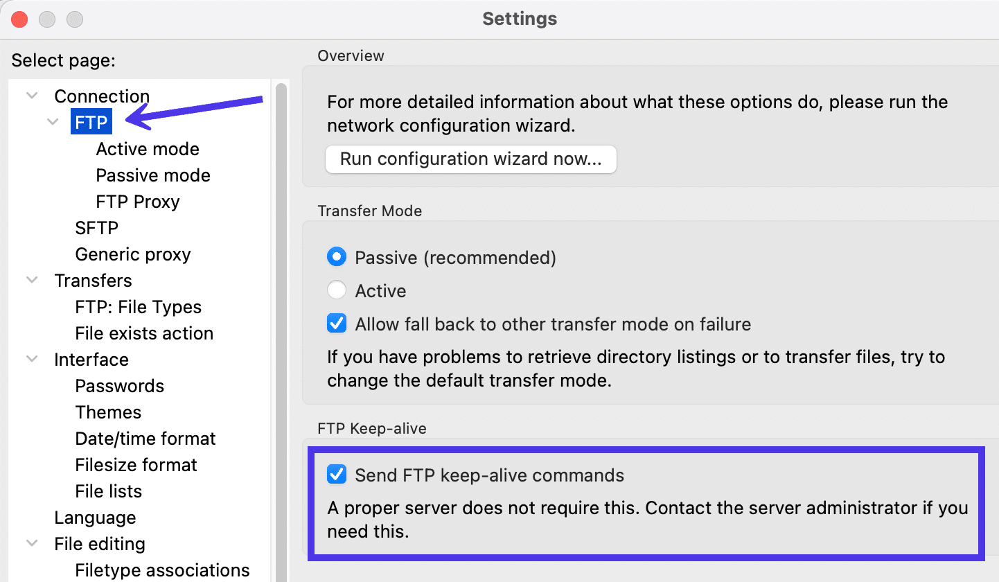Utilice la configuración FTP Keep-alive para resolver temporalmente un problema del servidor.