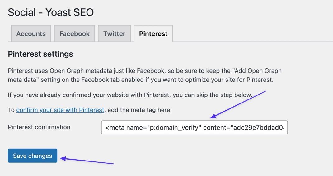 Вставьте тег в поле подтверждения Pinterest.