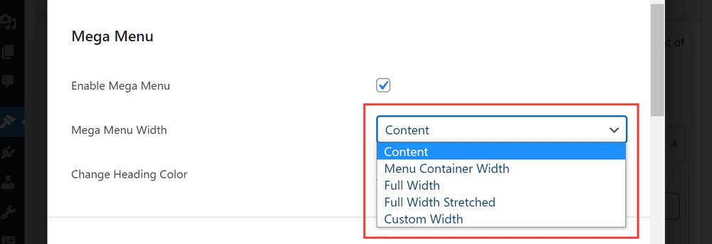 Configurações de largura do mega menu