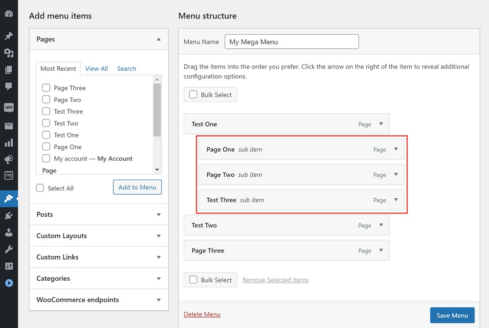 Configurações da estrutura do mega menu