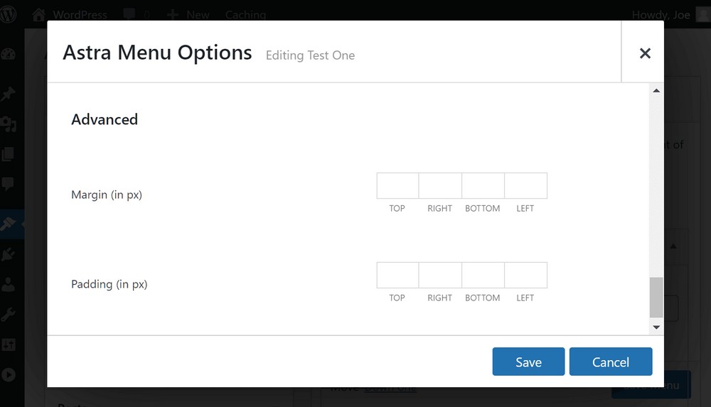 Configurações avançadas do mega menu