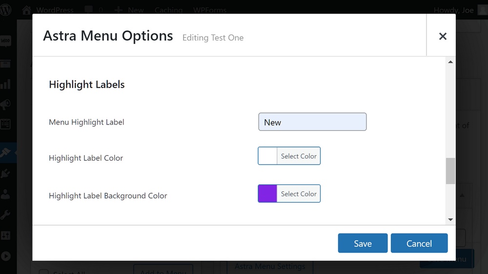 Configurações de rótulo do mega menu