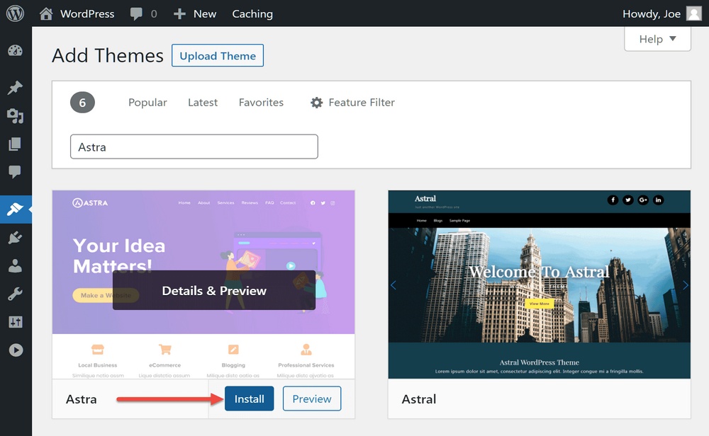 Instale o tema Astra no painel do WordPress