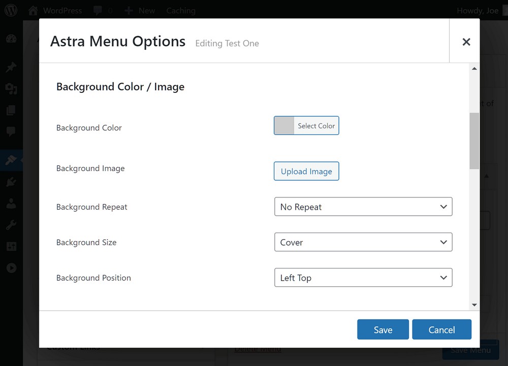 Configurações de cor de fundo do mega menu