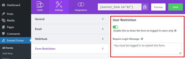 Restricción de usuario para limitar las entradas de formulario en WordPress