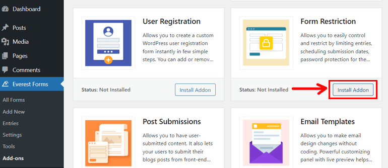 Installieren Sie das Form Restriction Addon So begrenzen Sie die Anzahl der Formularantworten in WordPress-Formularen