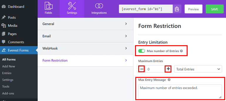 Limitación de entrada Cómo limitar el número de respuestas de formulario en formularios de WordPress