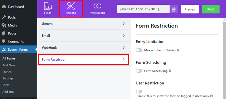 Ayarlar ve Form Kaydı'na gidin