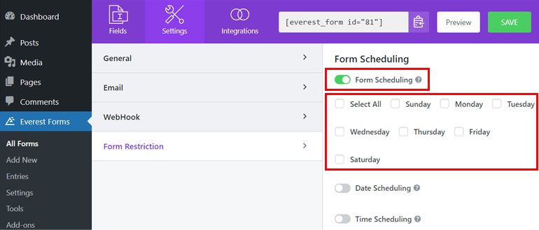 Formularplanungsoptionen