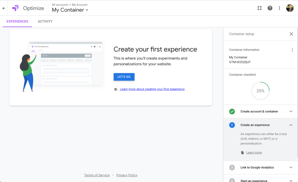 Google Optimize Crea la prima esperienza