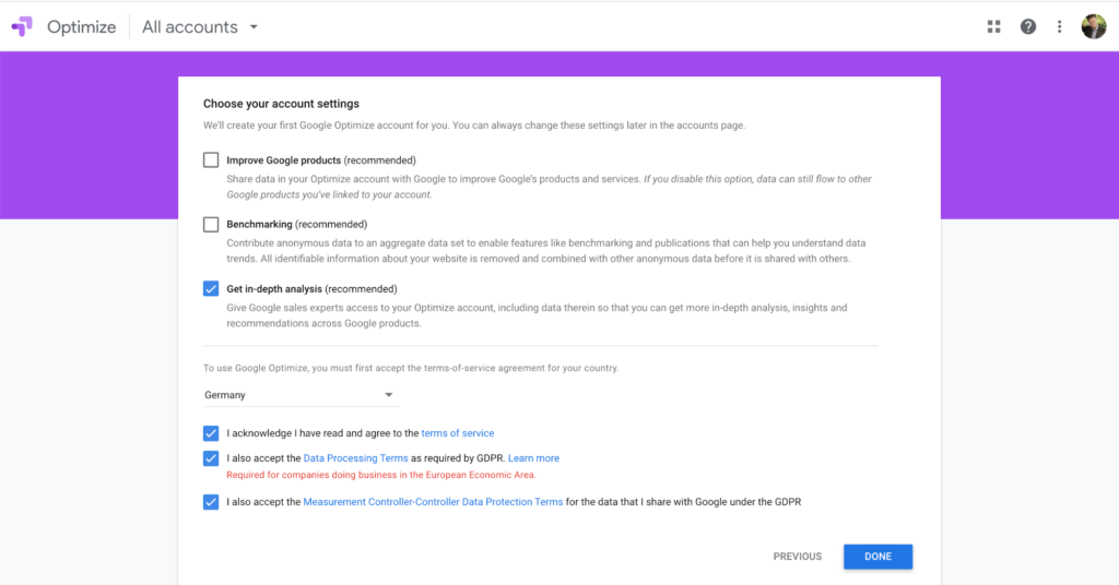 Impostazioni dell'account Google Optimize