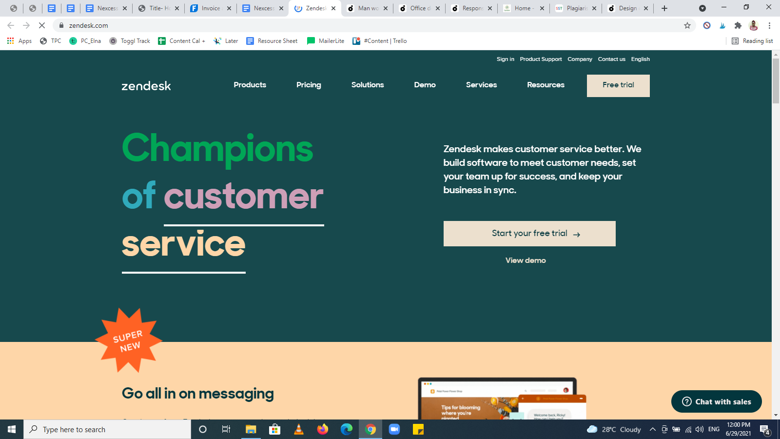 Exemple de page d'accueil de Zendesk