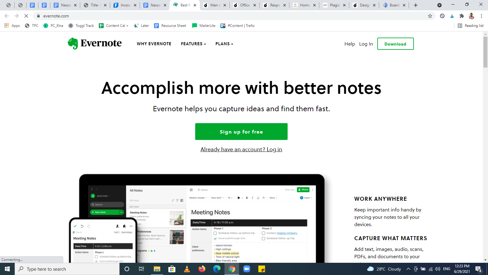 Exemplul paginii de pornire Evernote