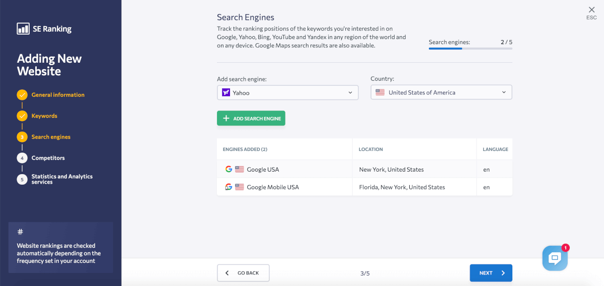 Captura de pantalla del proceso de configuración de SE Ranking Tracker