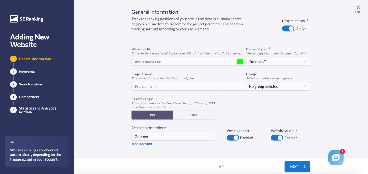 Captură de ecran a procesului de configurare SE Ranking Tracker