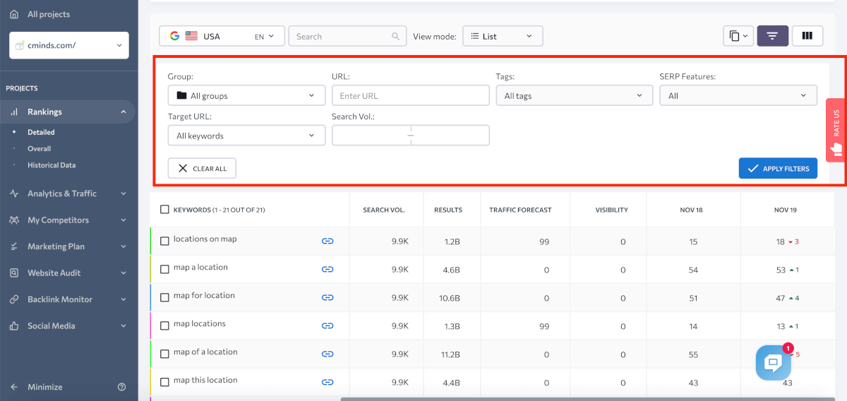 显示如何使用 SE Ranking Tracker 过滤关键字的屏幕截图