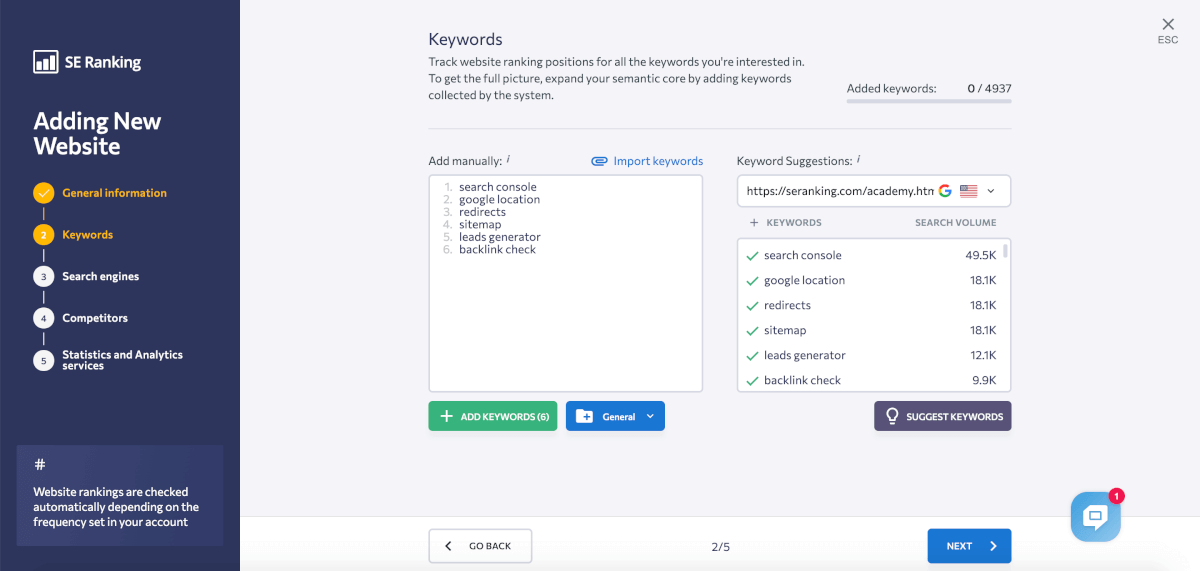 Captură de ecran a procesului de configurare SE Ranking Tracker