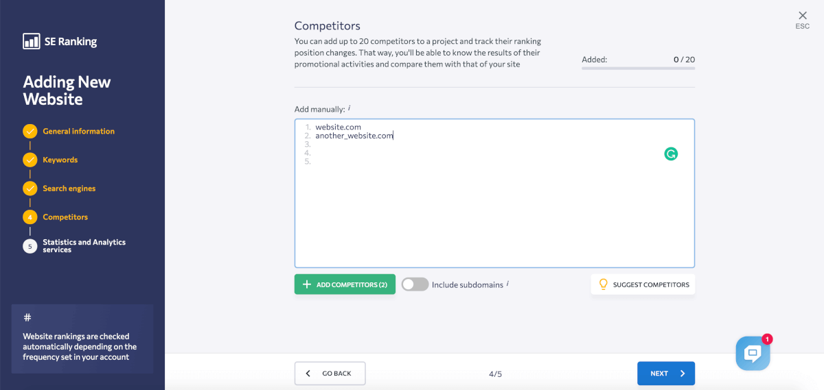 Captura de pantalla del proceso de configuración de SE Ranking Tracker