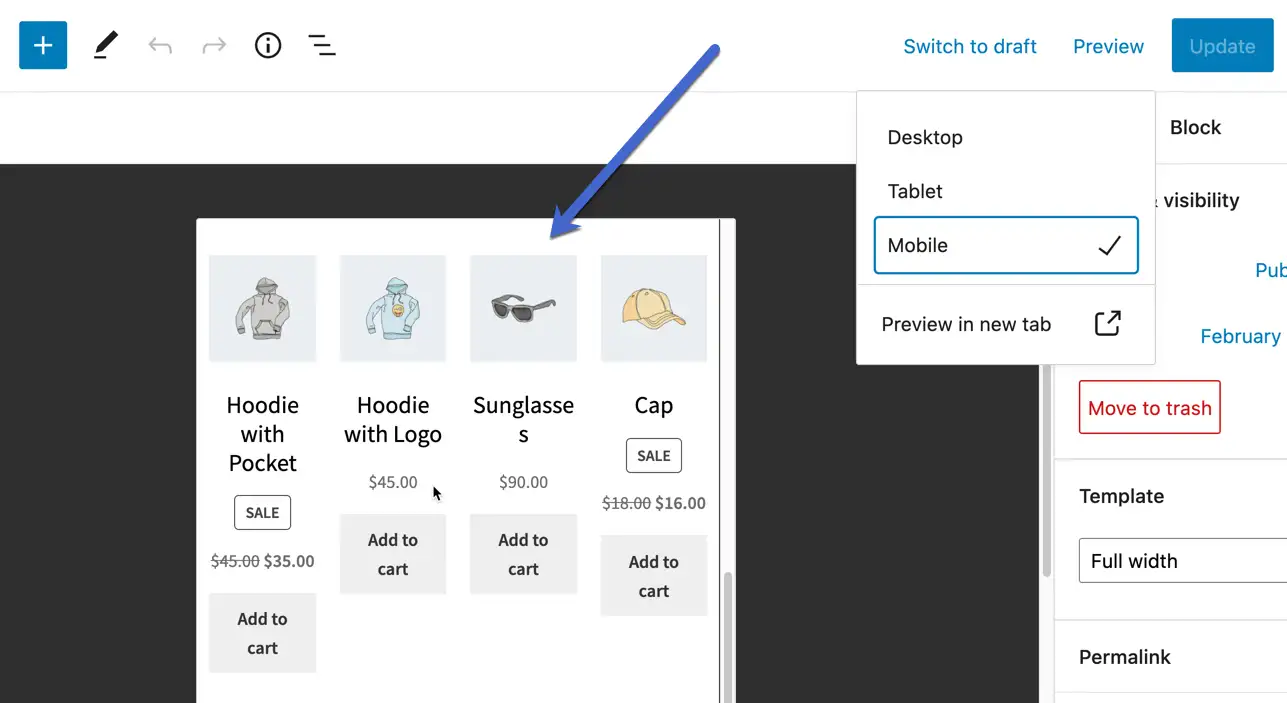 web sitesinin mobil versiyonunu görüntülemek için sayfa bölümünü kullanın